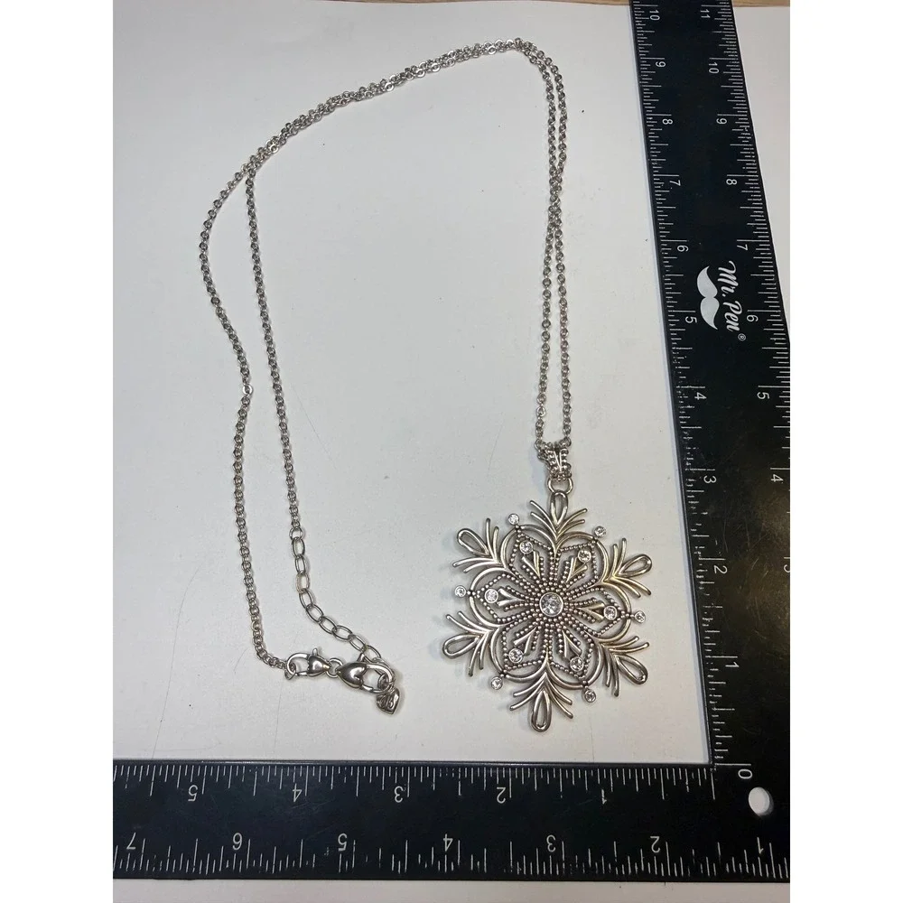 Brighton Snowflake Pendant Necklace Silver Tone Crystal Filigree Statement Large - Picture 2 of 4